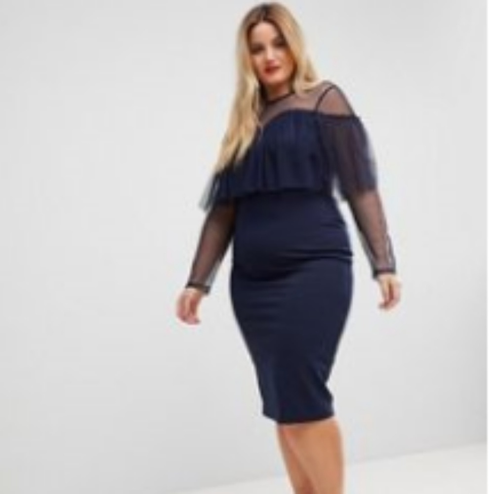 ASOS CURVE Dobby long sleeve ruffle bodycon dress